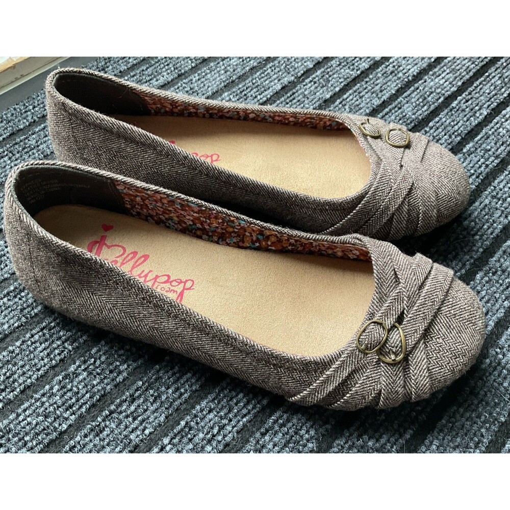 EUC Jellypop Ballet Flats Women's Size 9 Brown Tweed W/Buckles Slip On